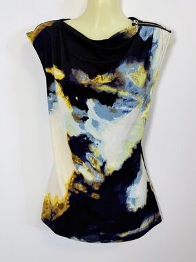 DKNY Abstract Print Cowl Neck Sleevelss Top in Navy, White & Gold